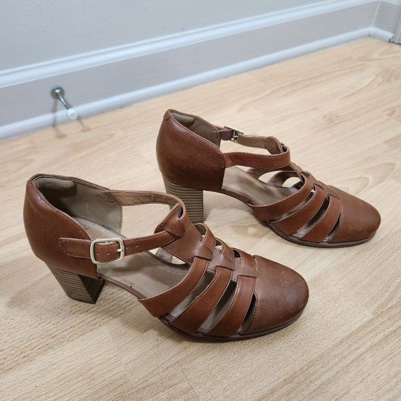 Clarks Shoes - Clarks Ciera Gull Brown Leather Sandal T Strap Chunky Heel Fisherman Womens 8.5